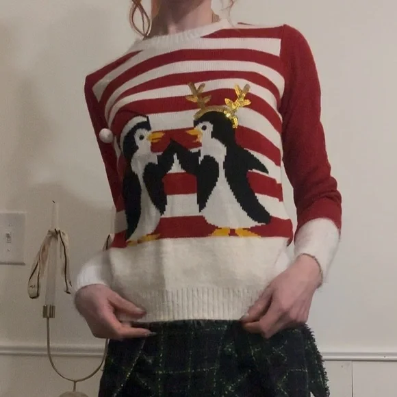 Playful Penguins Ugly Holiday Christmas Sweater Red and White - Picture 5 of 5